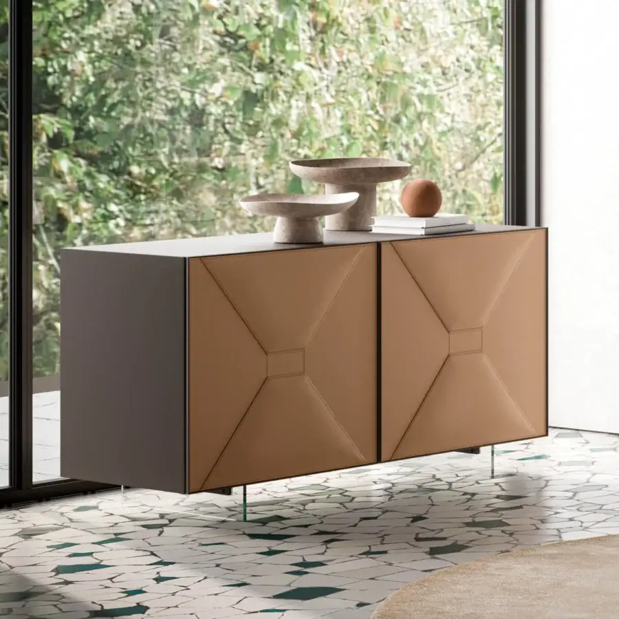Distinguished Ozzio Italia Grace sideboard with lacquered container and leather doors crafted in dark grey or brown with diamond stitching