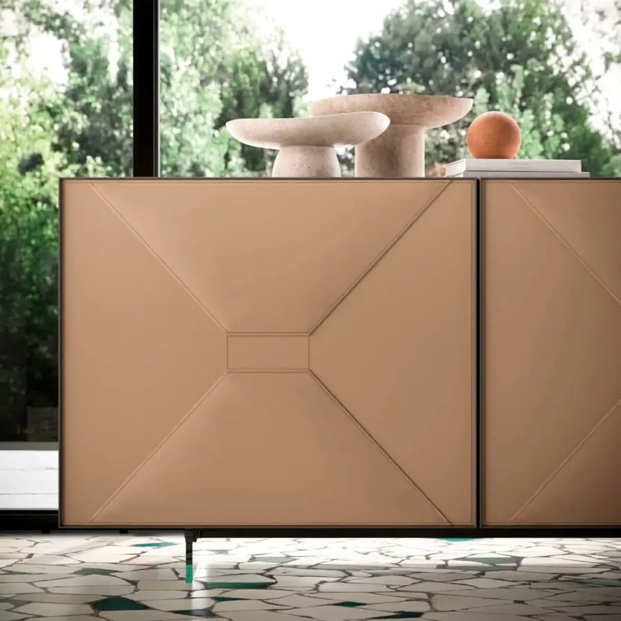 Superior Ozzio Italia Grace sideboard with lacquered container and leather doors built with a sleek aluminium support and light tan finish