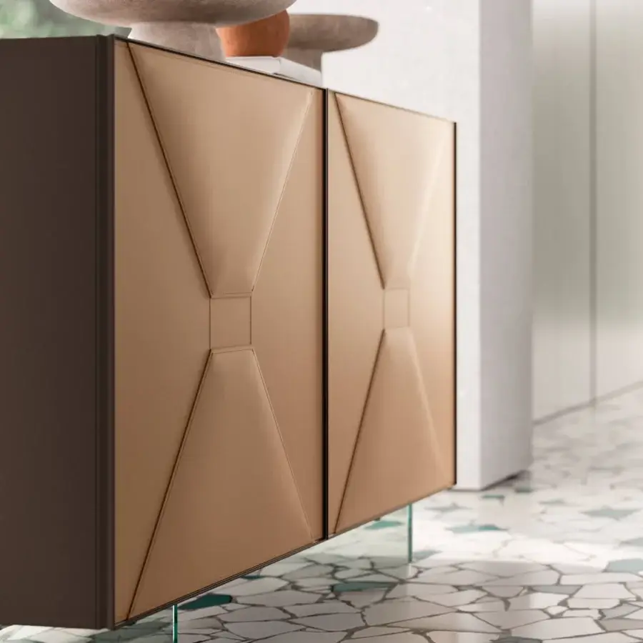 Distinguished Ozzio Italia Grace sideboard with lacquered container and elegant leather doors built with aluminum framing and clear glass feet