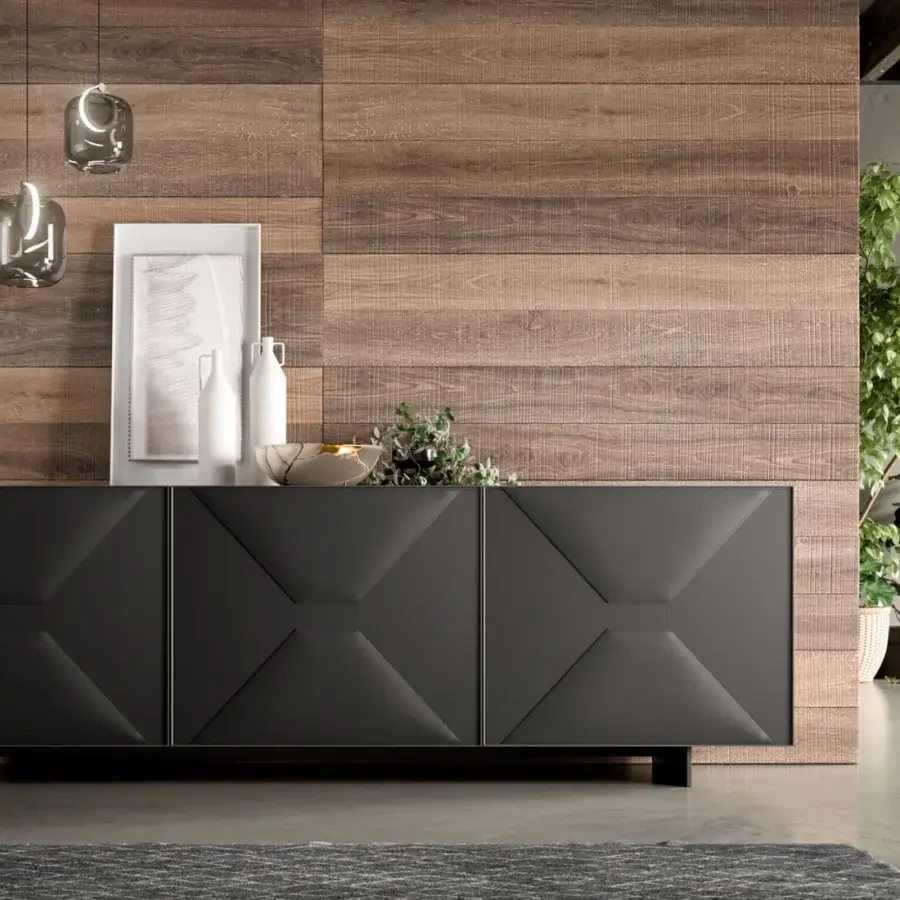 Elegant Ozzio Italia Grace sideboard with lacquered container and dark gray leather doors built with a low aluminium frame