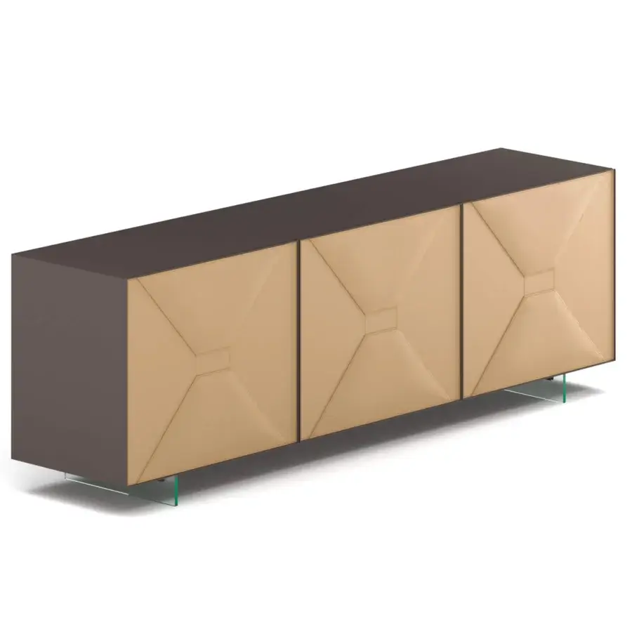 Captivating Ozzio Italia Grace sideboard with tan leather doors and lacquered container built with an aluminum frame