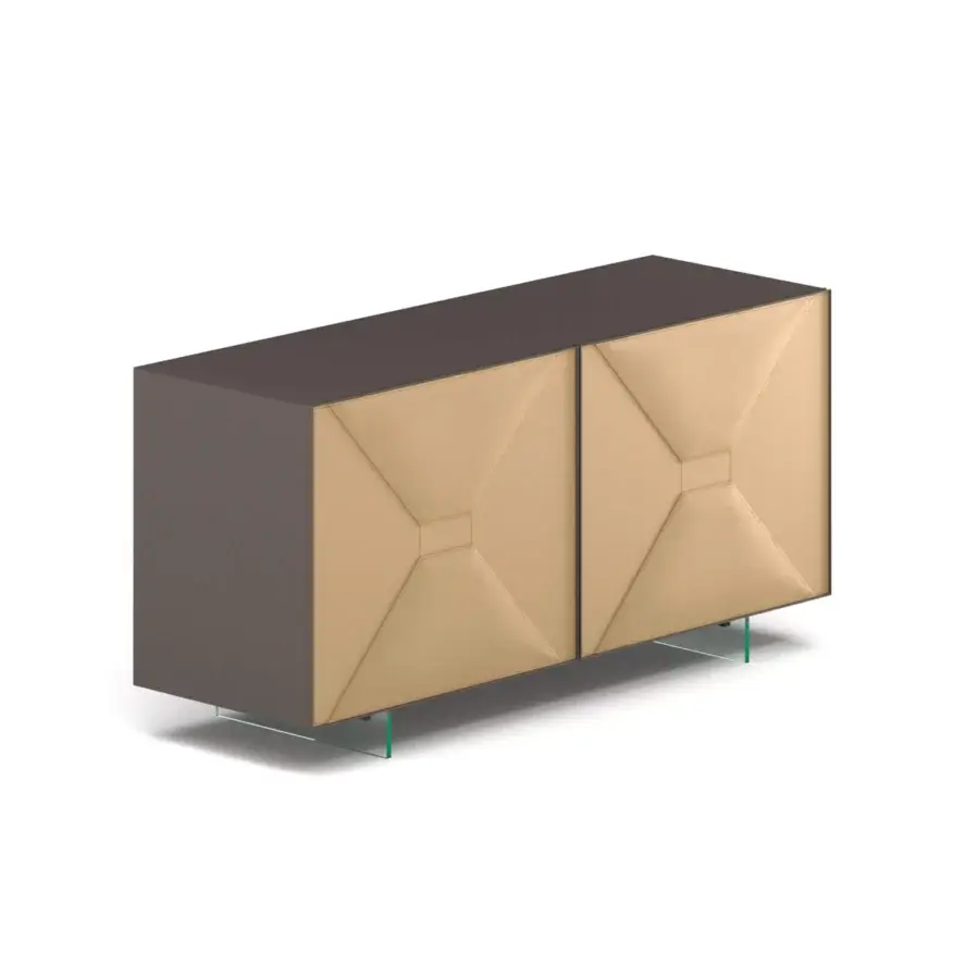 Superior Ozzio Italia Grace sideboard with a lacquered container and aluminum frame in light tan leather with geometric stitching