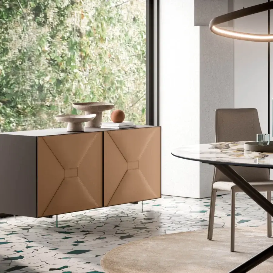 Distinguished Ozzio Italia Grace sideboard with dark gray lacquered container and light brown leather doors crafted with subtle stitching
