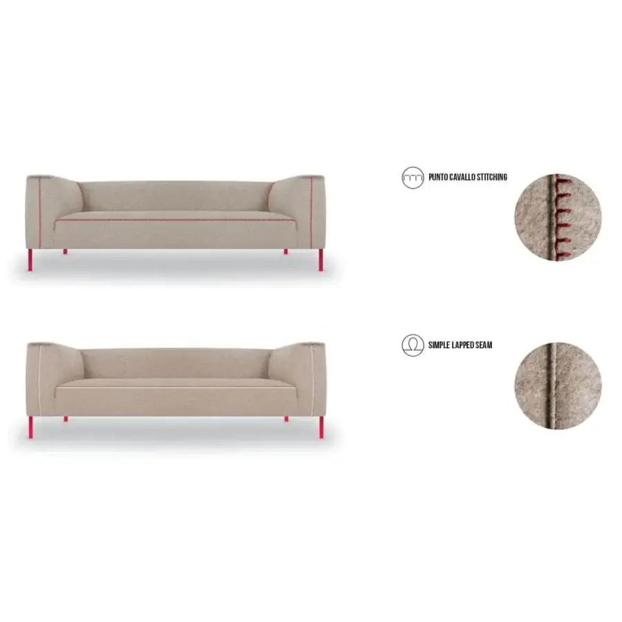 Exclusive Verzelloni Fold sofa with beige fabric upholstery and red ‘Punto Cavallo’ stitching built with red-matt painted cast feet