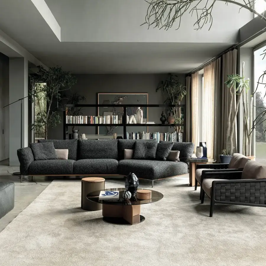 Exceptional Cierre1972 Chapeau sectional with dark gray fabric upholstery and a subtle matte finish