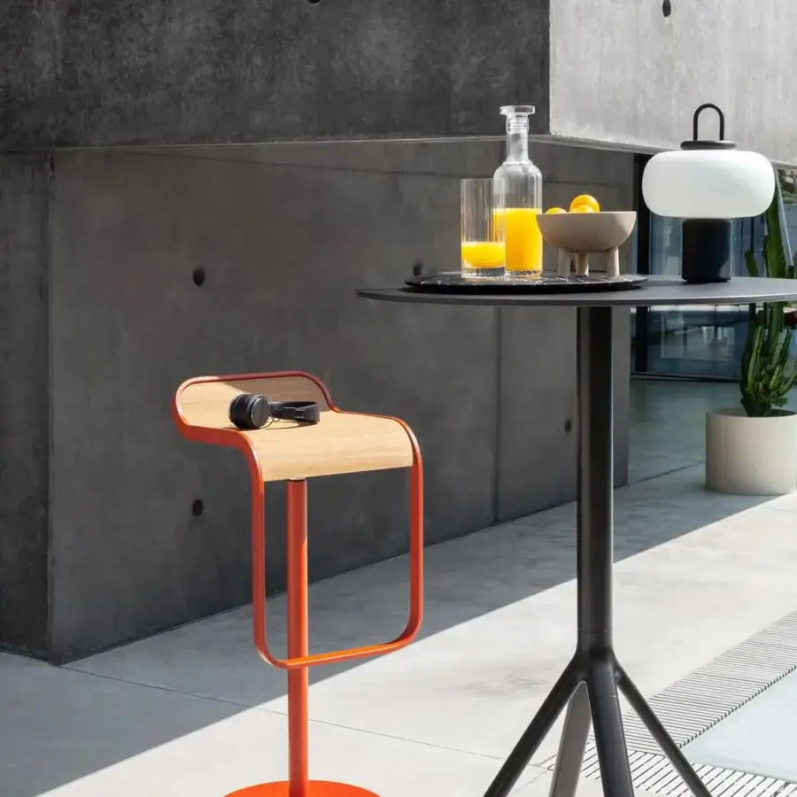 Exceptional Lapalma Lem stool with Iroko veneered plywood seat and glossy orange polyester powder coated stainless steel frame