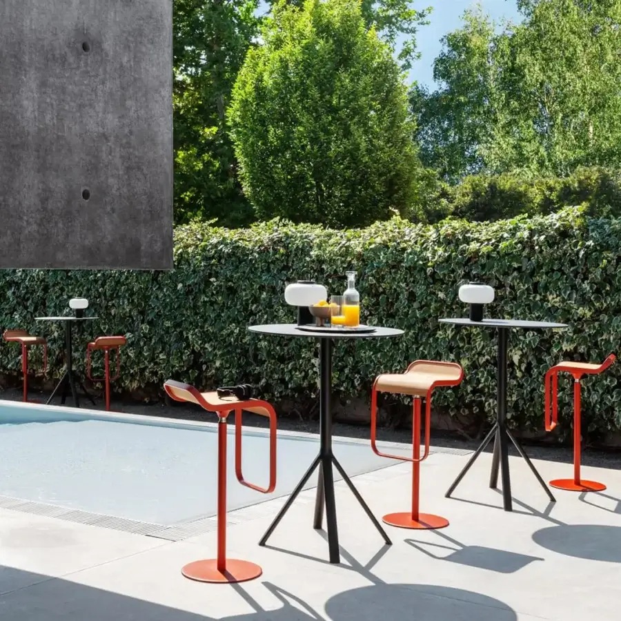 Superior Lapalma Lem stool with vibrant orange powder-coated stainless steel frame and warm Iroko wood seat