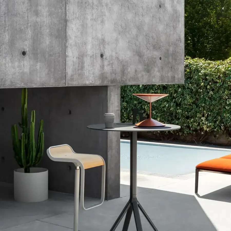 Distinguished Lapalma Lem stool with light gray matte powder-coated stainless steel and Iroko wood seat crafted in a curved silhouette