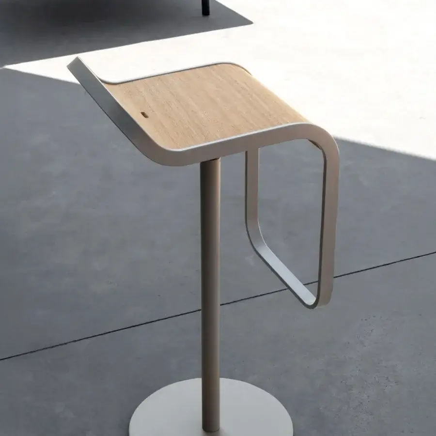 Innovative Lapalma Lem stool with Iroko wood seat and light-finished powder coated Aisi 304 stainless steel frame
