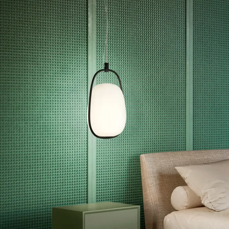 Distinguished Kundalini Lannà suspension lamp with opal glass diffuser and metallic coated black metal frame inspired by Thai lantern rite