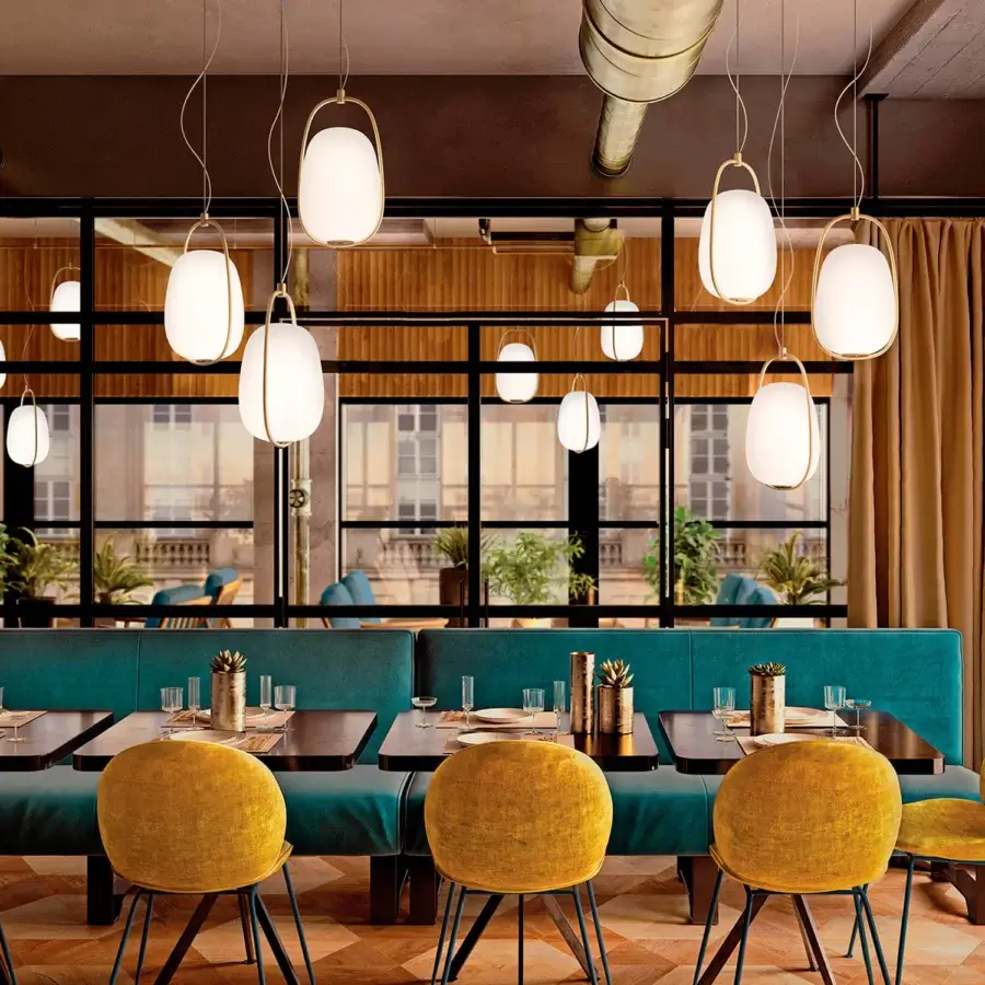 Exceptional Kundalini Lannà suspension lamp with opal diffuser crafted in blown glass and metallic coated structure
