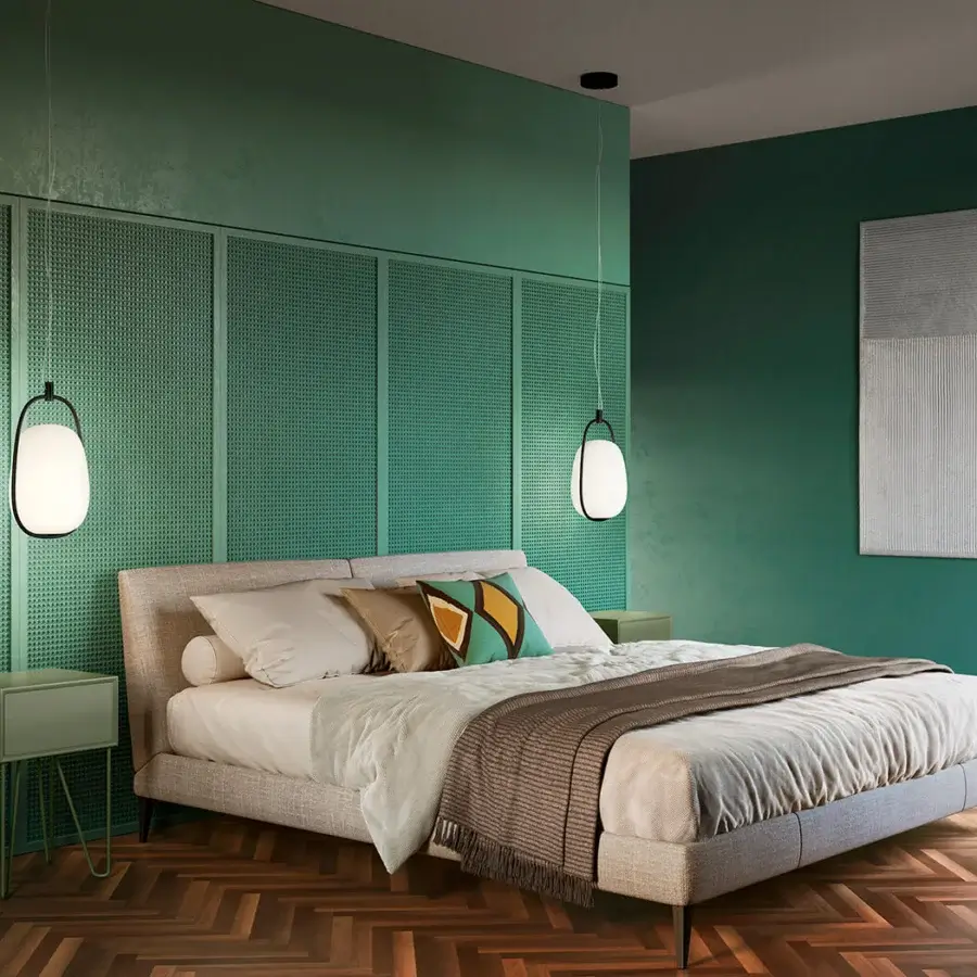 Elegant Kundalini Lannà suspension lamp with opal blown glass diffuser and metallic coated structure