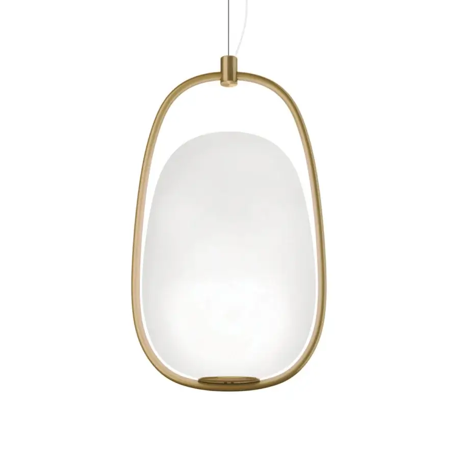 Distinguished Kundalini Lannà suspension lamp with an opal diffuser built in two layers of blown glass and matte gold finish