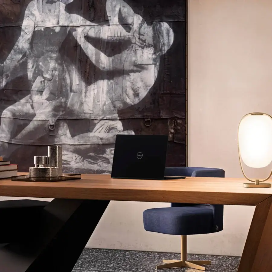 Superior Kundalini Lannà table lamp with a two-layer opal blown glass diffuser and golden metallic coated frame