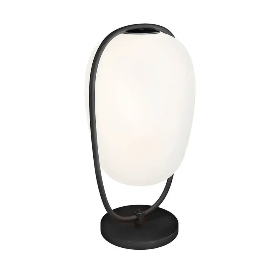 Distinguished Kundalini Lannà table lamp with a two-layer opal blown glass diffuser and dark metallic coated structure