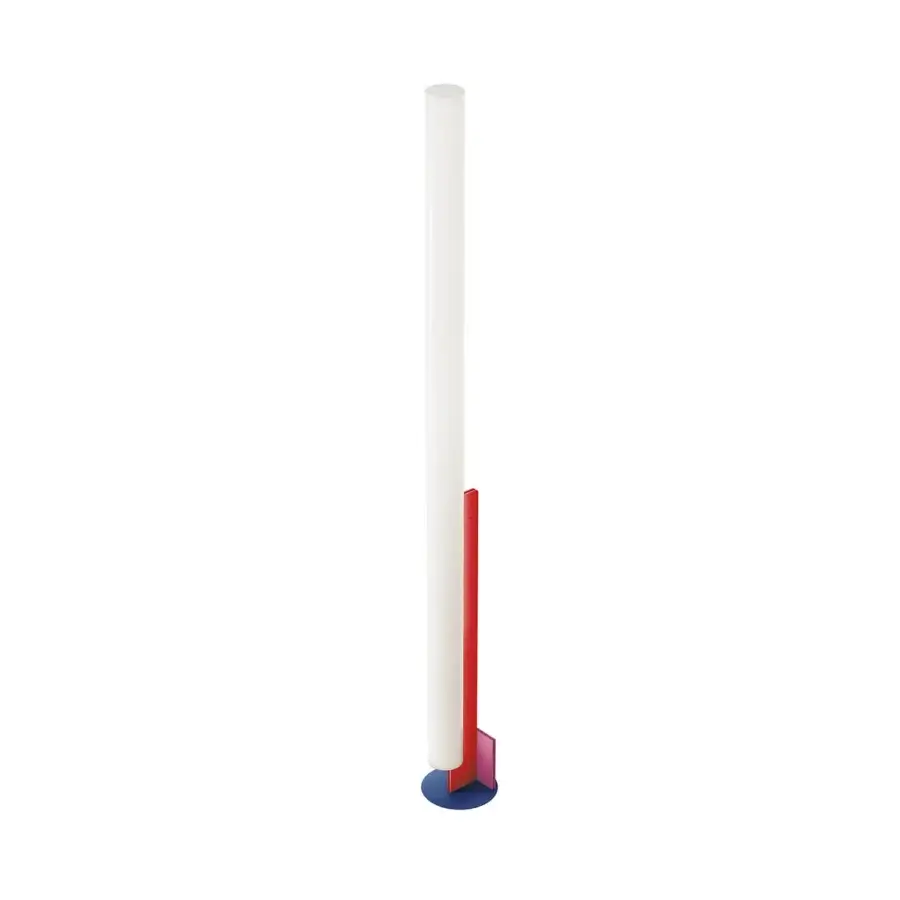 Superior Kundalini Model T floor lamp with a tubular opal methacrylate diffuser and metallic coated structure in red, pink, and blue