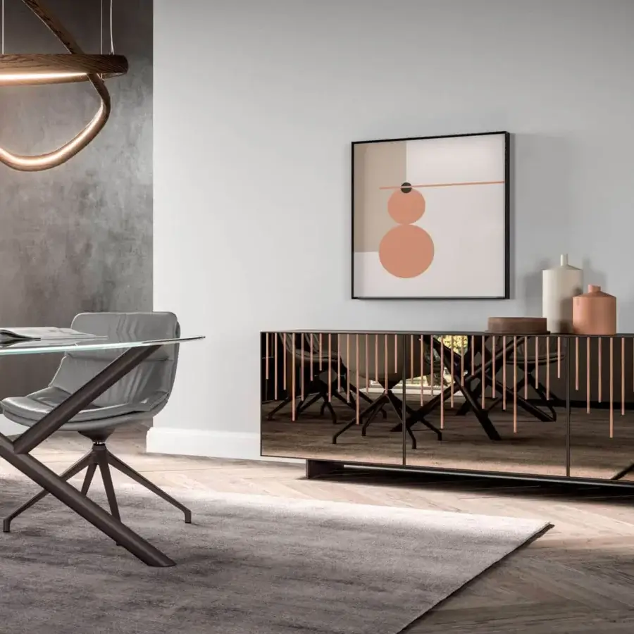Elegant Ozzio Italia Rain sideboard with lacquered container, mirrored doors, wooden slats and sleek aluminum framing