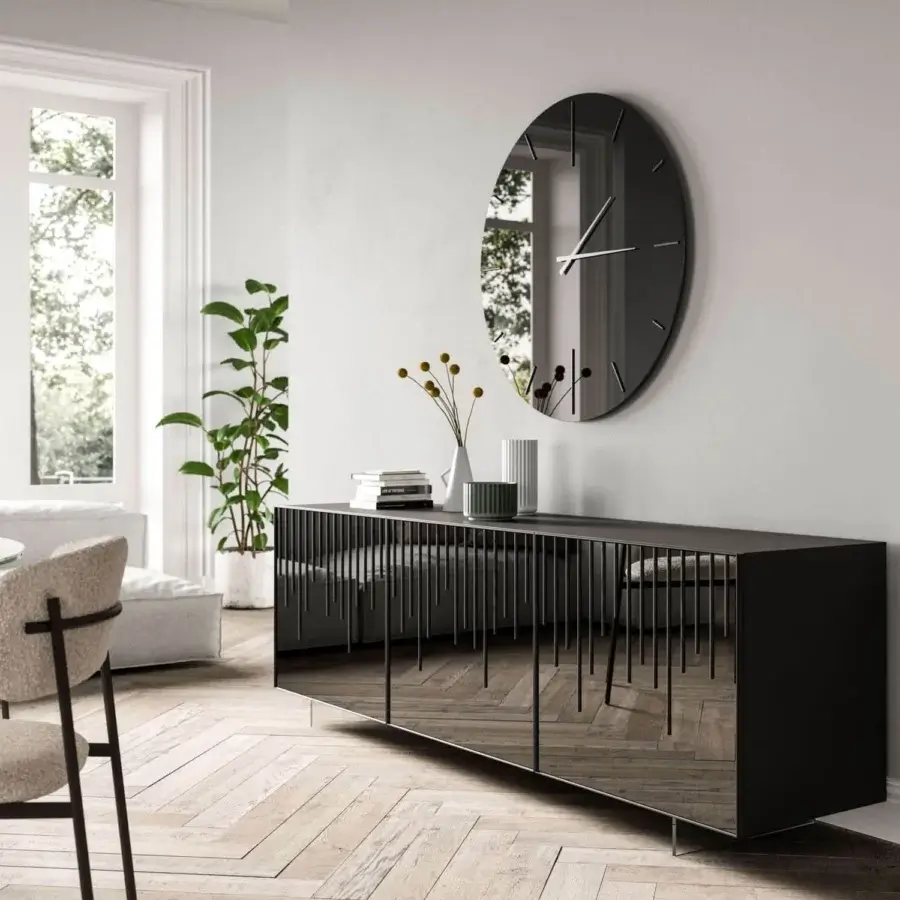 Captivating Ozzio Italia Rain sideboard with lacquered container, aluminum frame, wooden slats and mirrored base in glossy finish