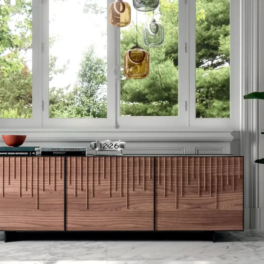 Distinguished Ozzio Italia Rain sideboard with lacquered container, aluminum frame, wooden slats, warm brown hue and dark metal base