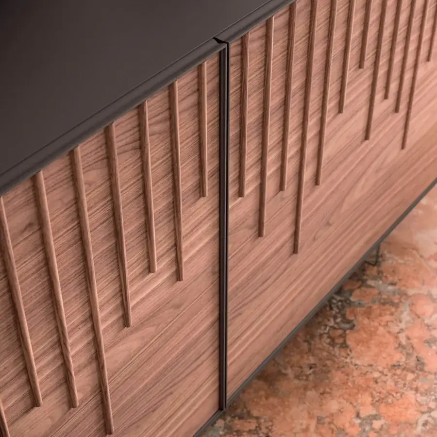 Superior Ozzio Italia Rain sideboard with a lacquered container and cascading wooden slat pattern in medium brown with dark accents
