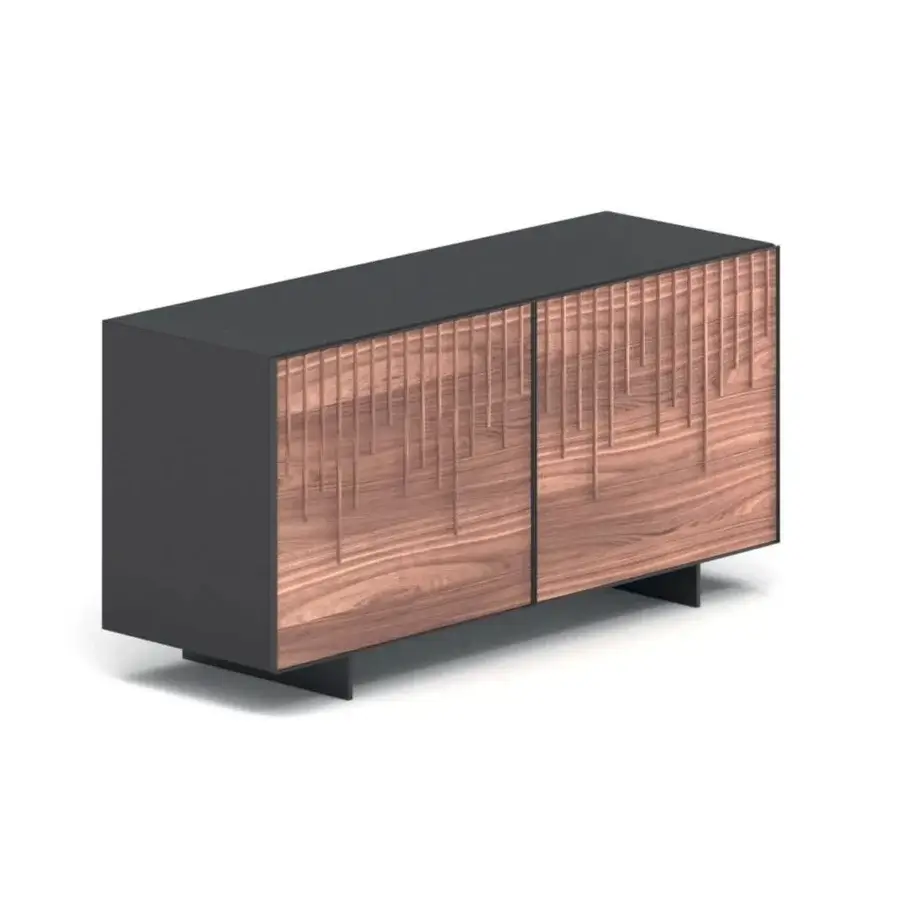 Exclusive Ozzio Italia Rain sideboard with a lacquered container, aluminum frame and distinctive wooden slat doors in medium brown with satin sheen