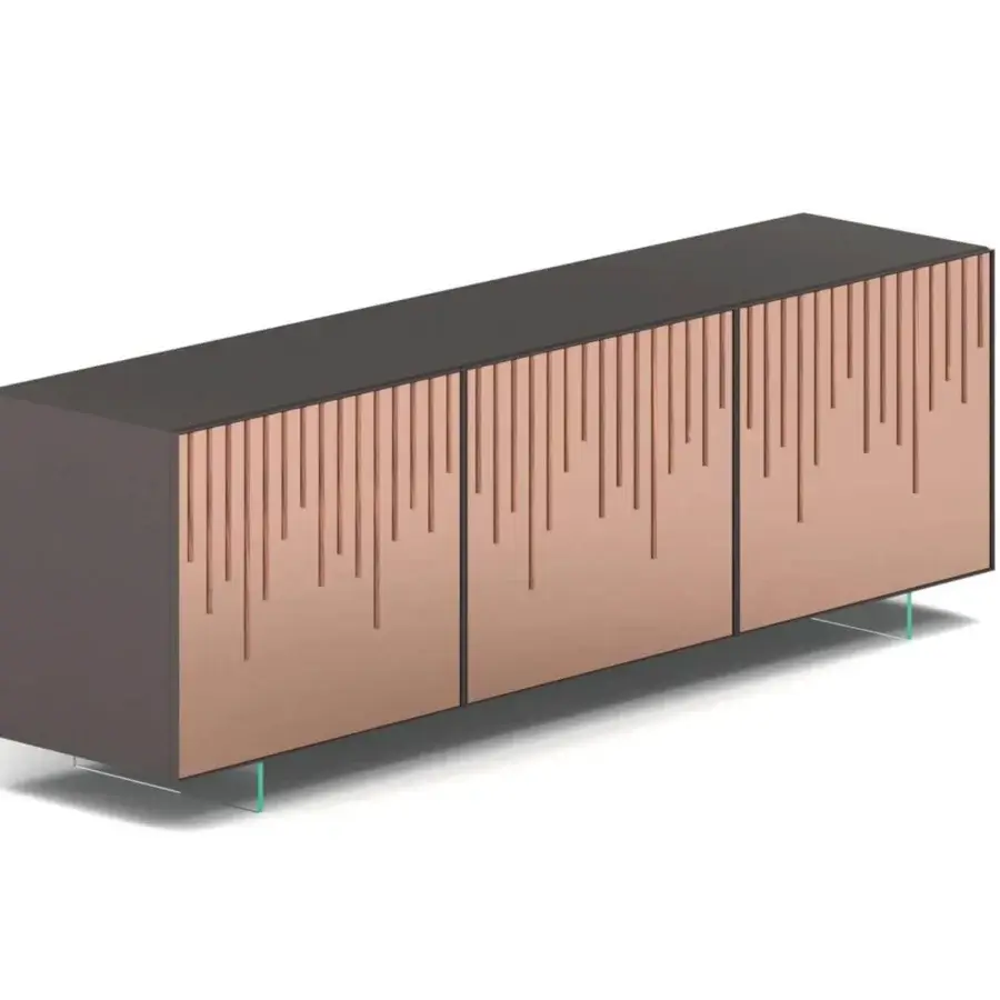 Distinguished Ozzio Italia Rain sideboard with lacquered container, wooden slat doors, and mirrored bottom in pinkish-copper and dark gray tones