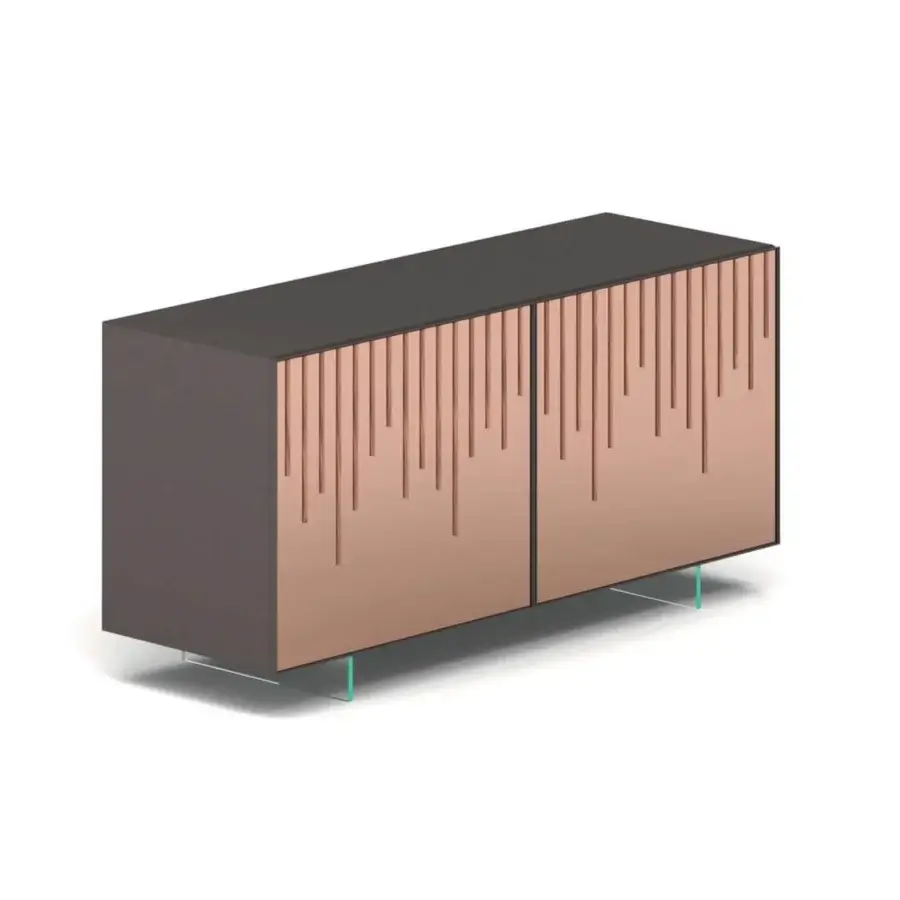 Superior Ozzio Italia Rain sideboard with dark grey lacquered container, mirrored doors and rose gold finish