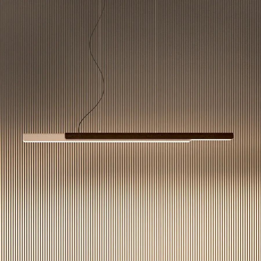 Harmonious Kundalini Dala Linear suspension lamp with light and dark wood tones and white opal diffuser crafted in Italy
