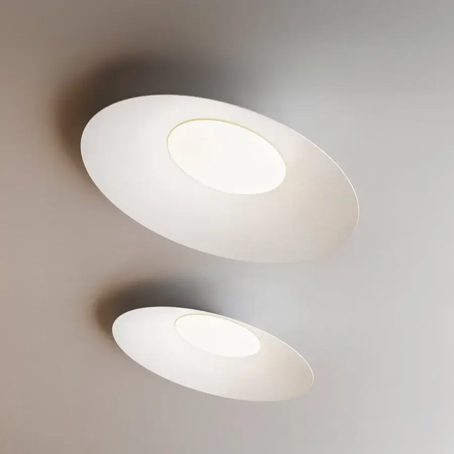 Superior Kundalini Kate ceiling lamp with minimalist disc form and elegant opal diffuser crafted in coated aluminum