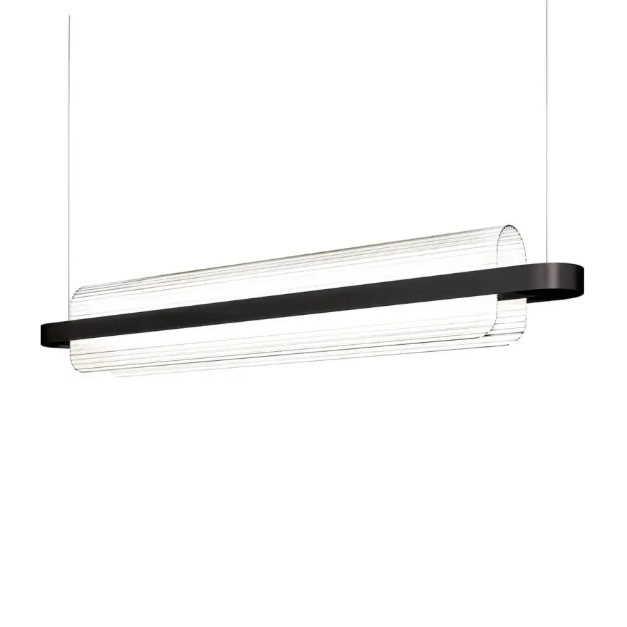 Superior Kundalini Nami suspension lamp with curved clear glass diffuser and matte black metallic coated structure