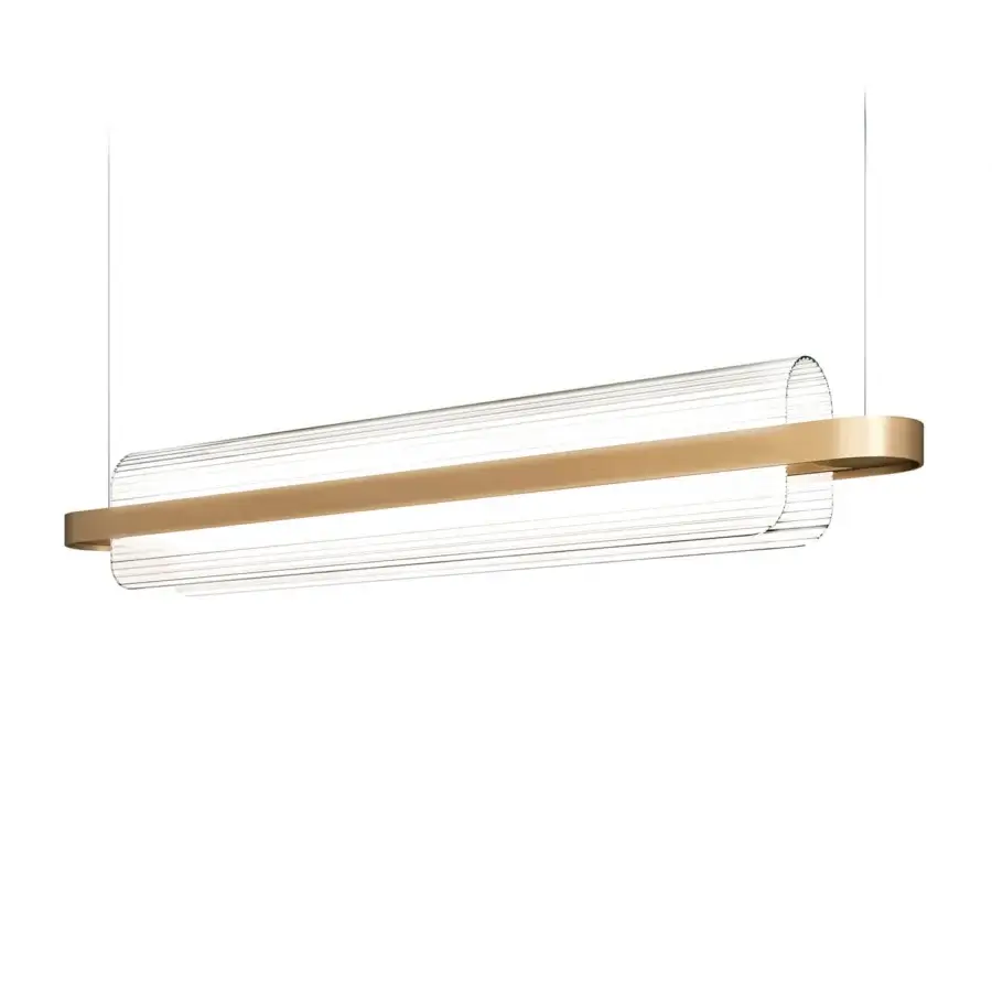 Distinguished Kundalini Nami suspension lamp with curved glass diffuser and warm gold metallic coated structure