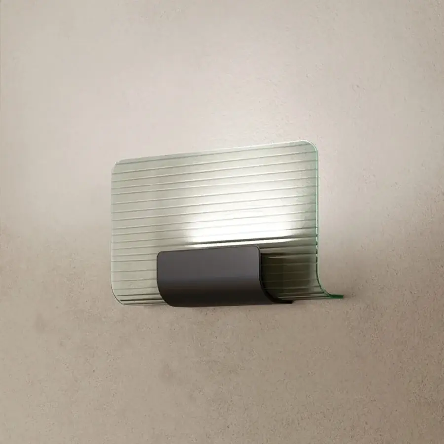 Superior Kundalini Nami wall lamp with textured curved transparent glass and dark gray matte varnished aluminum structure