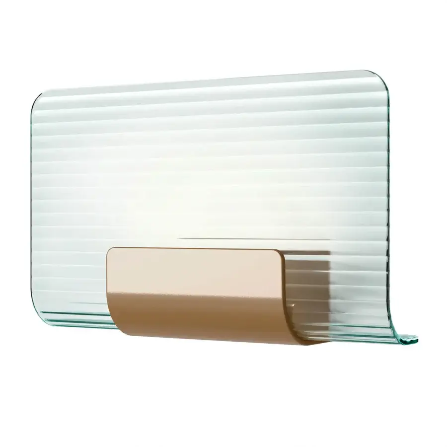 Exceptional Kundalini Nami wall lamp with textured curved glass diffuser and glossy light golden-brown varnished aluminum structure