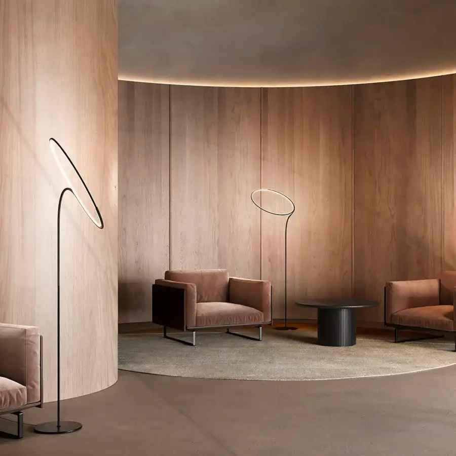 Superior Kundalini Poise floor lamp with a matt black metallic diffuser and flexible technical fabric tube crafted in Italy