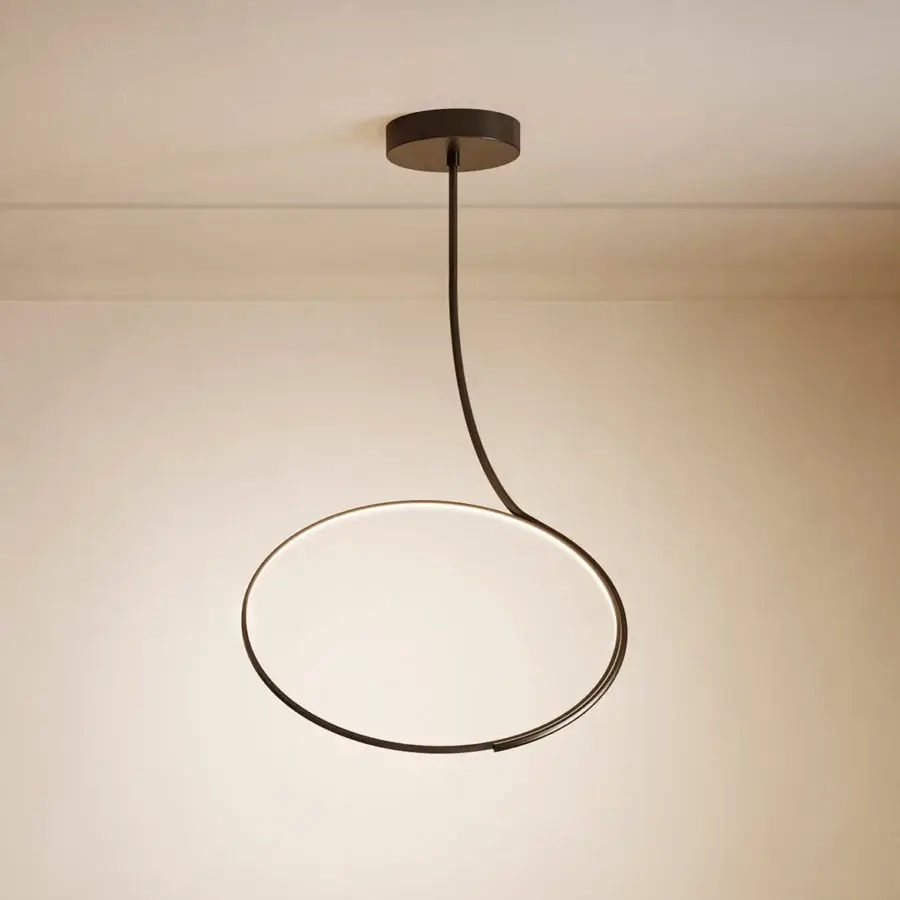 Distinguished Kundalini Poise ceiling lamp with a curved rod and matt black metallic diffuser creating a contemporary aesthetic