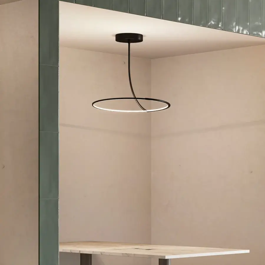 Exceptional Kundalini Poise ceiling lamp with a slender dark rod and premium matt black metallic structure crafted in Italy