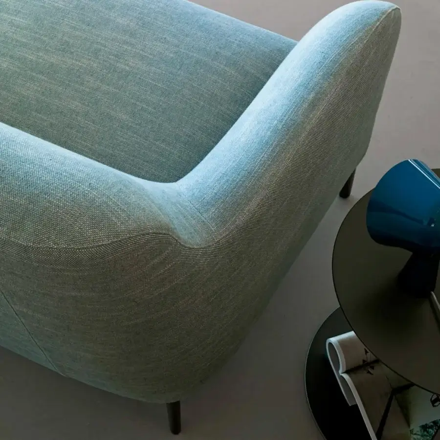 Exceptional Verzelloni Divanitas lounge chair with woven blue-green textile and burnished cast aluminum legs