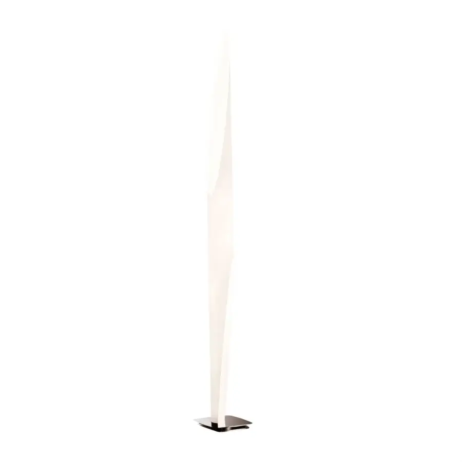 Elegant Kundalini Shakti floor lamp with a laser cut Plexiglas diffuser and satin finished stainless steel base