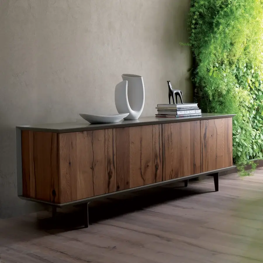 Superior Ozzio Italia Brera sideboard with lacquered container, natural wood sides and dark-toned metal feet exhibiting prominent wood grain finish