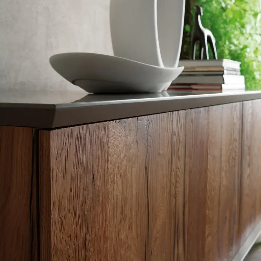 Exceptional Ozzio Italia Brera sideboard with lacquered container, textured natural wood and smooth grey top built with a painted metal base
