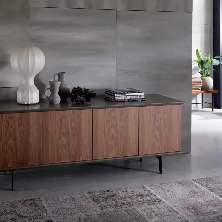 Distinguished Ozzio Italia Brera sideboard with lacquered container, natural wood and dark metal feet crafted in Italy