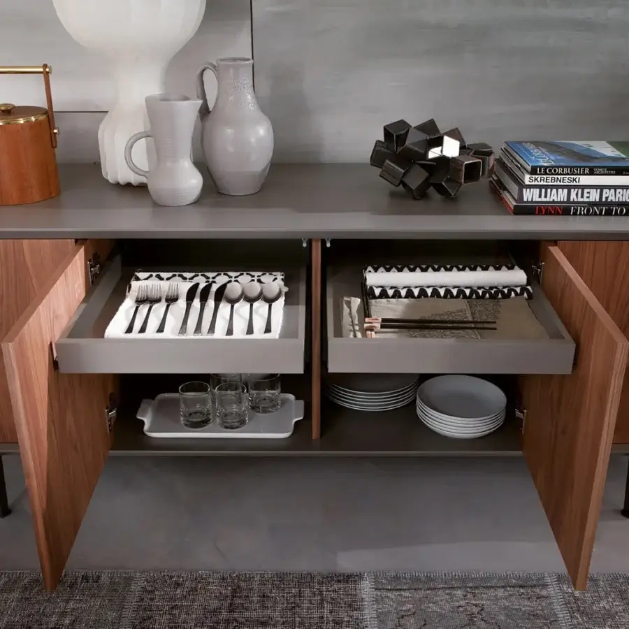 Exceptional Ozzio Italia Brera sideboard crafted in natural wood with a matte gray lacquered container and slender painted metal feet