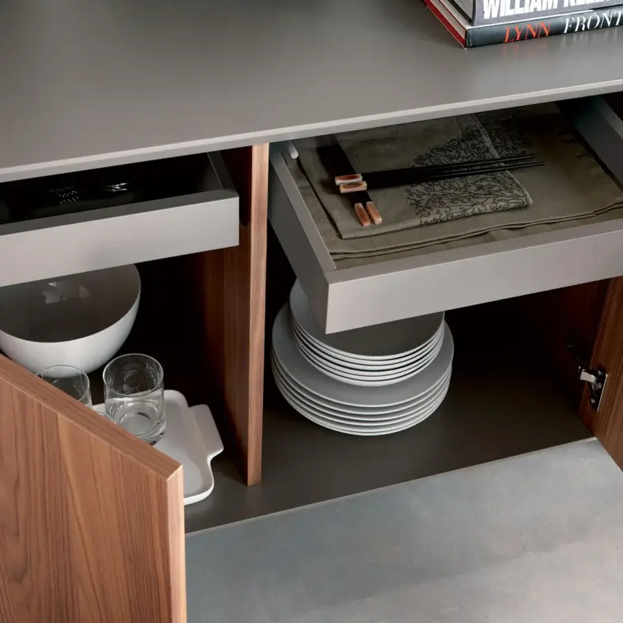 Superior Ozzio Italia Brera sideboard built with lacquered container, natural wood and gray drawers with visible tableware within