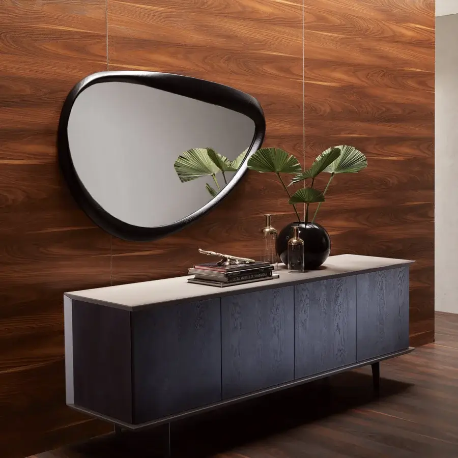 Distinguished Ozzio Italia Brera sideboard with lacquered wood container and painted metal feet in dark blue and light gray
