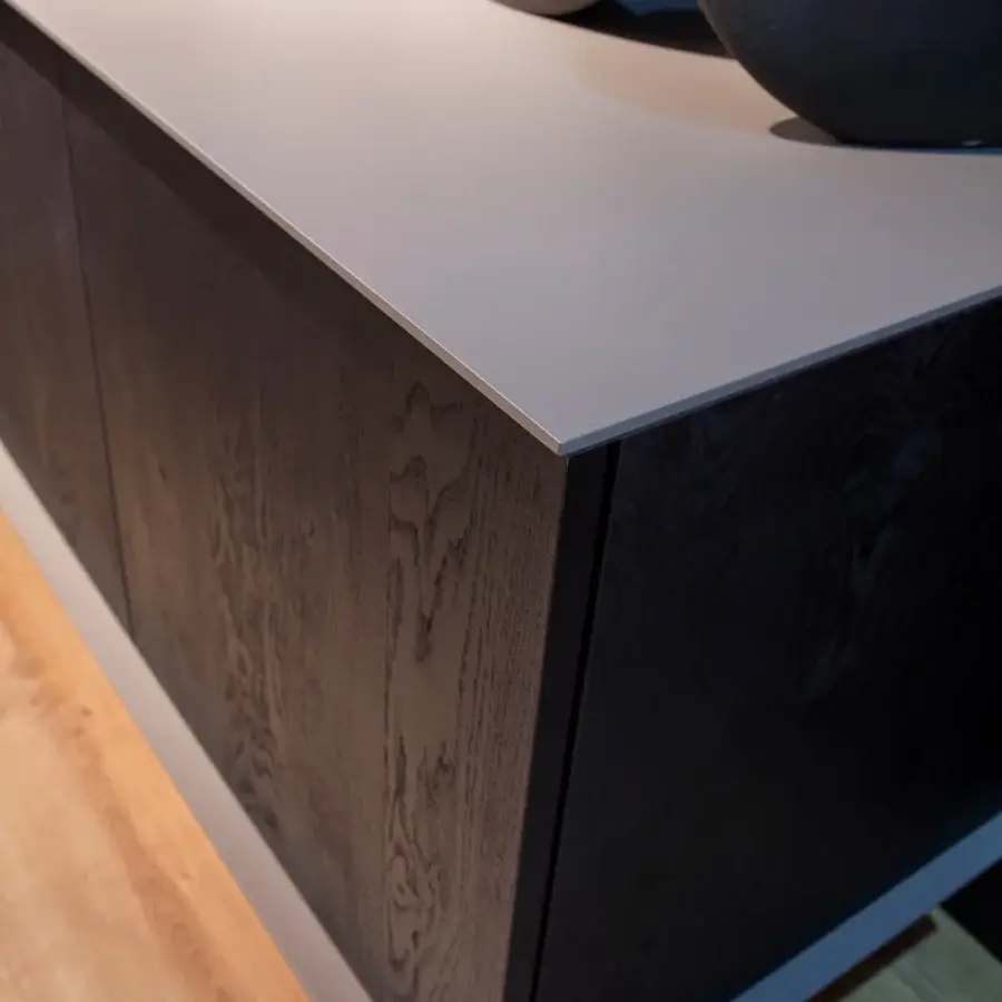 Elegant Ozzio Italia Brera sideboard with lacquered container, natural wood and light gray drawer with dark finish and painted metal frame