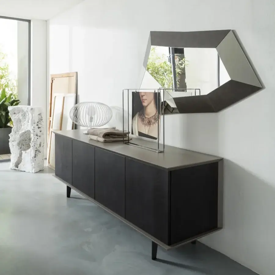Distinguished Ozzio Italia Brera sideboard with lacquered container, natural wood sides and painted metal feet