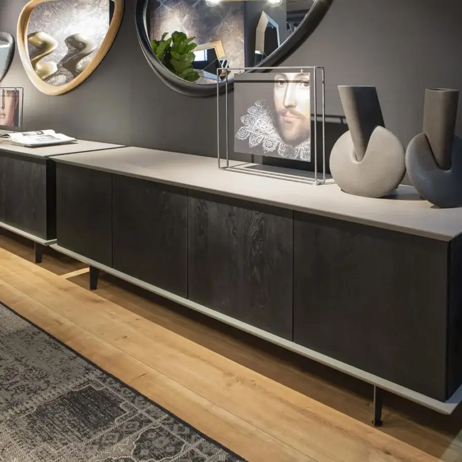 Exceptional Ozzio Italia Brera sideboard crafted in natural wood with a dark stain and light gray lacquered top with slender metal feet