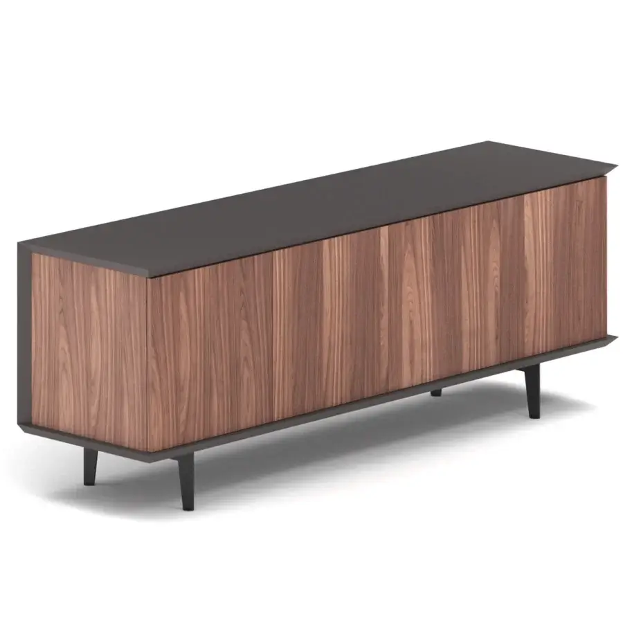 Distinguished Ozzio Italia Brera sideboard crafted in natural wood with a dark top and painted metal feet