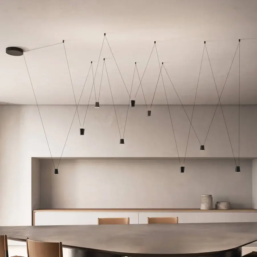 Superior Kundalini Sling suspension lamp with die-casted aluminum and thin black cables in a matte finish