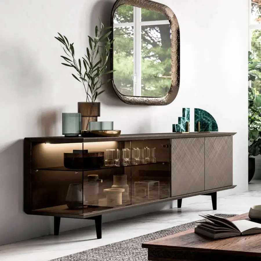 Distinguished Ozzio Italia Brera sideboard with lacquered wood and glass doors, built with painted metal feet and internal illumination